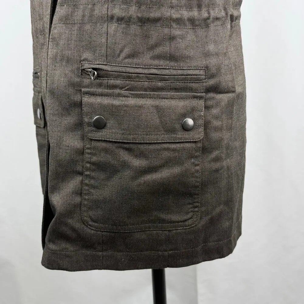 J Jill Faux Fur Collar Vest Womens XS Brown Herringbone Utility Zip Snap Waist